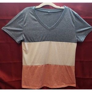 Women's Size Large V-Neck Short Sleeve T-Shirt Summer Stripe Pink White Blue